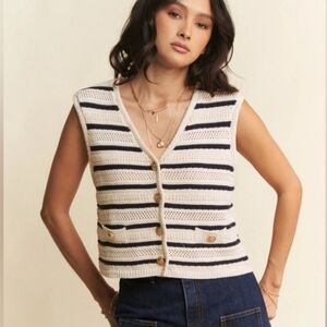 Zara Striped Knitted Sweater Vest Gold Buttons Cream/Navy S Small